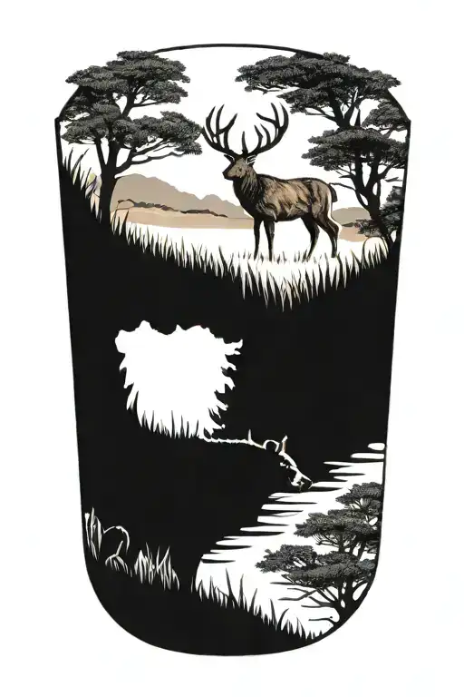 A deer, a brown bear and a lynx in Anatolian rug patterns tattoo design idea