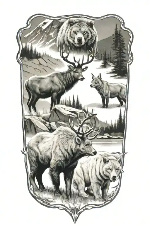 a deer, a grizzly bear and a lynx three in one tattoo design idea