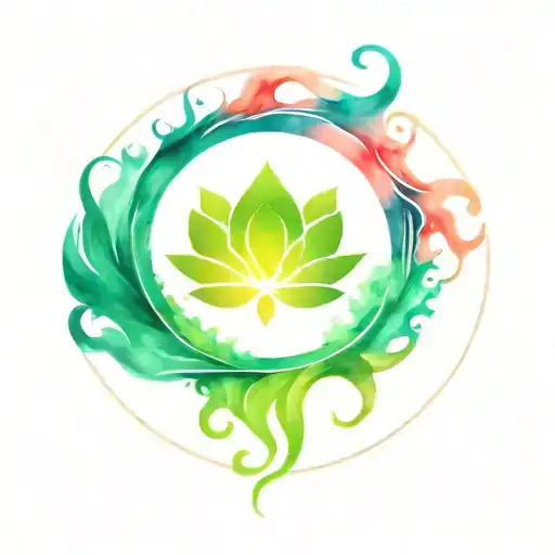 half circle in the shape of green flames, Inside the circle with a lotus flower in the shape of red flames tattoo design idea