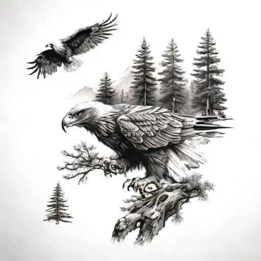 an eagle, bear and pine tree tattoo design idea
