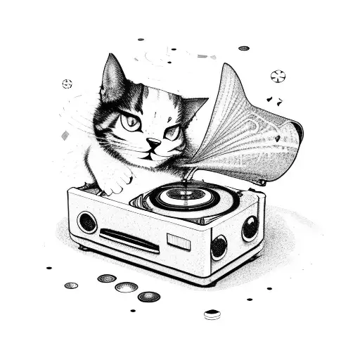 A cat curled up on a record player with musical notes floating around tattoo design idea