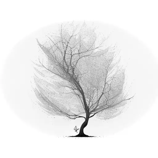 An autumn tree with falling leaves and a ghostly figure tattoo design idea