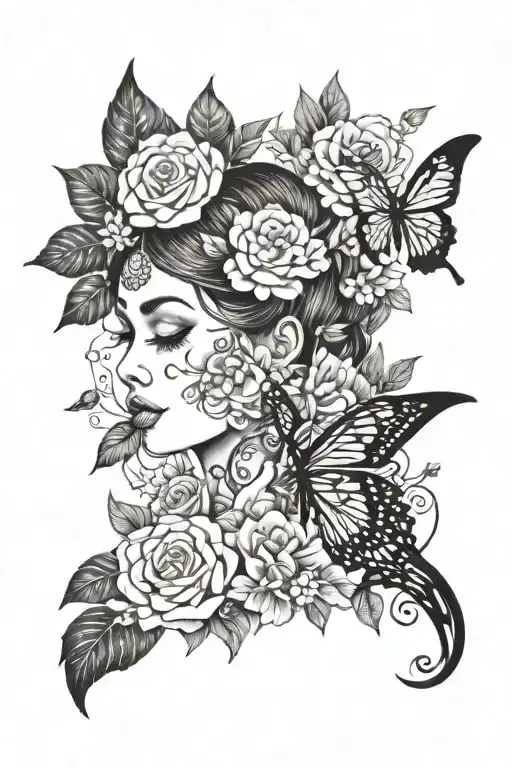 Tattoo for women, the whole sleeve with a butterfly, patterns, flowers, inscription, girl's face, bird, animal and patte tattoo design idea