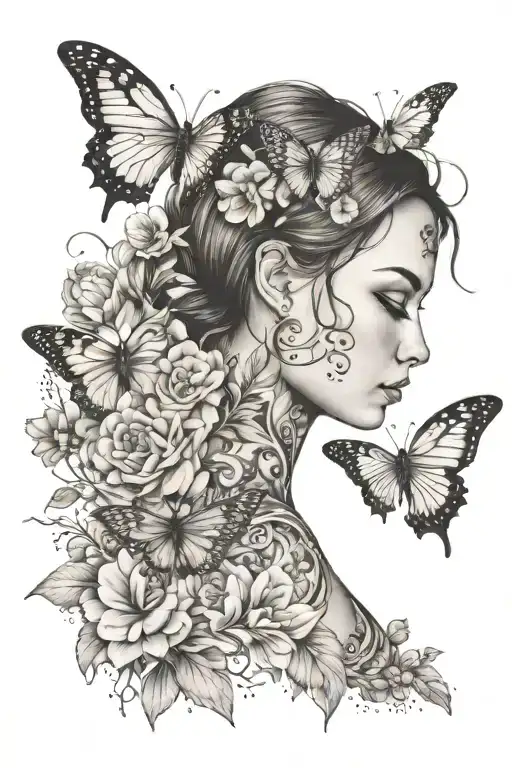 Tattoo for women, sleeve with butterfly, patterns, flowers, inscription, girl's face, bird, animal tattoo design idea