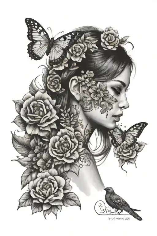 Tattoo for women, sleeve with butterfly, patterns, flowers, inscription, girl's face, bird, animal tattoo design idea