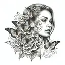 Tattoo with butterfly, patterns, flowers, inscription, girl's face, bird, animal tattoo design idea