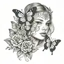 Tattoo with butterfly, patterns, flowers, inscription, girl's face, bird, animal tattoo design idea