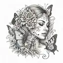Tattoo with butterfly, patterns, flowers, inscription, girl's face, bird, animal tattoo design idea