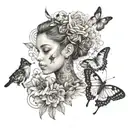 Tattoo with butterfly, patterns, flowers, inscription, girl's face, bird, animal tattoo design idea