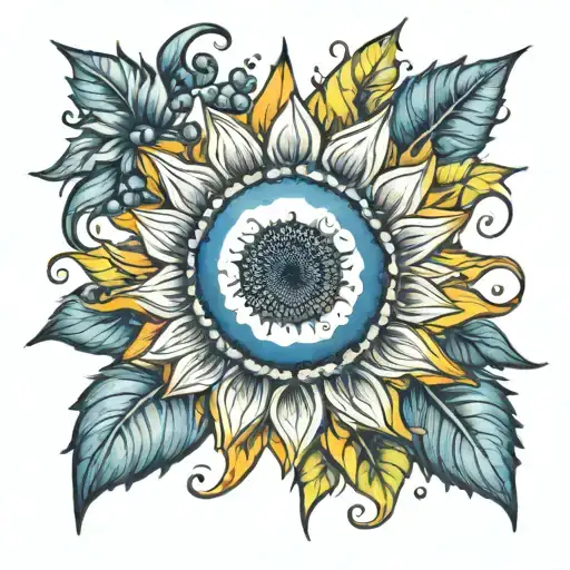 sun, sunflower, blueberries, tie dye tattoo design idea