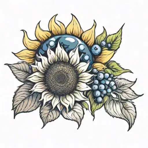 sun, sunflower, blueberries tattoo design idea