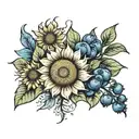 sun, sunflower, blueberries tattoo design idea