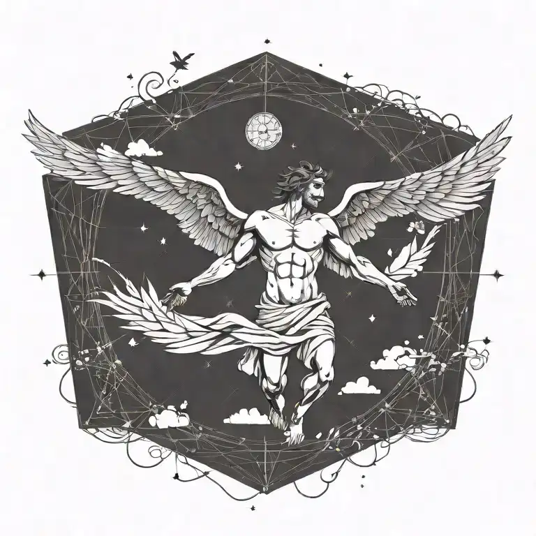icarus falling from the sky on the back  with clouds floating tattoo design idea