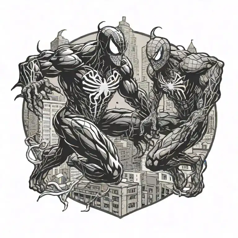 venom and spiderman fighting in the city  tattoo design idea