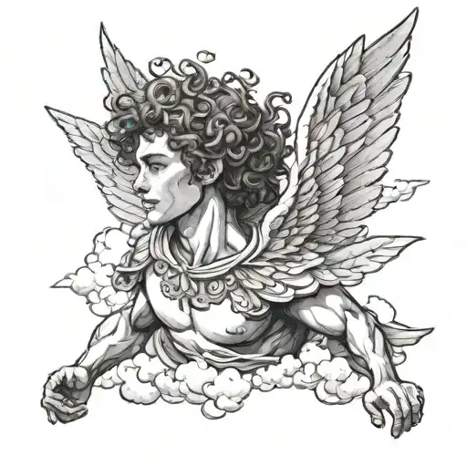 make icarus handsome young curly boy with masculine features falling from the sky with clouds   tattoo design idea