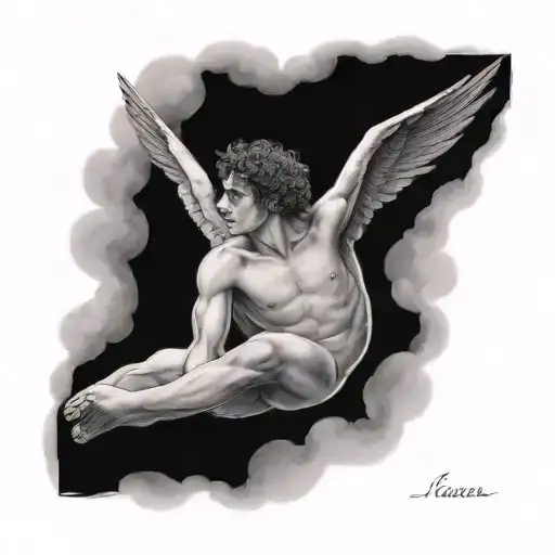 make icarus handsome young curly boy with masculine features falling from the sky with clouds  falling on his back  tattoo design idea