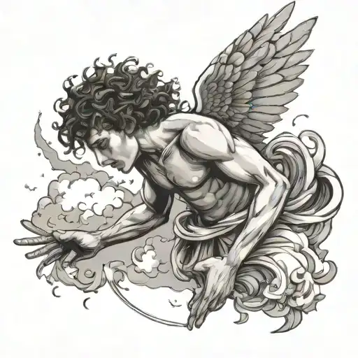 make icarus handsome young curly boy with masculine features falling from the sky with clouds  falling on his back  tattoo design idea