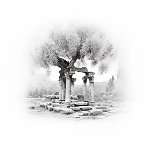 lebanese olive tree with roman ruins tattoo design idea
