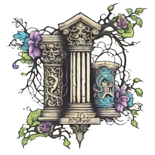 3 pillars cracked with kids names incorporated tattoo design idea