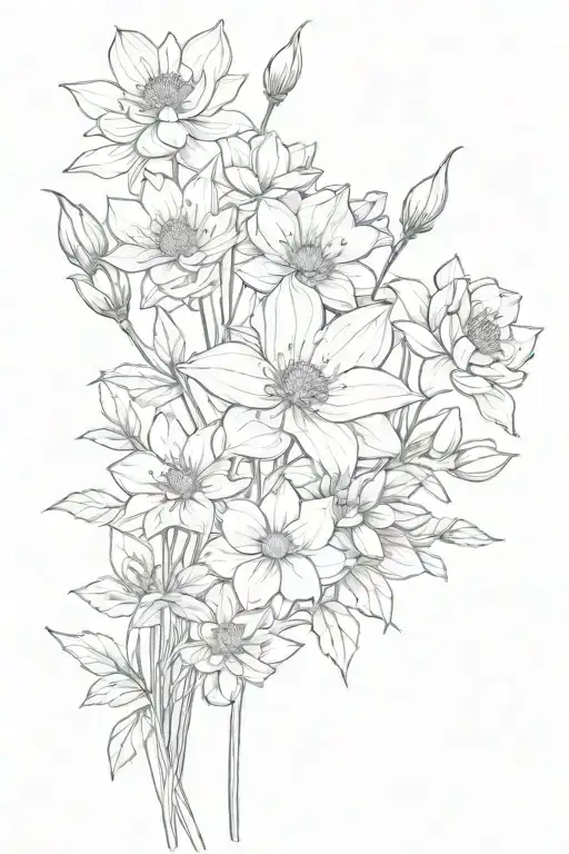 boquet of flowers including one of each flower cosmos, water lily, narcissus, violet, lakspur and holly and its stems tattoo design idea