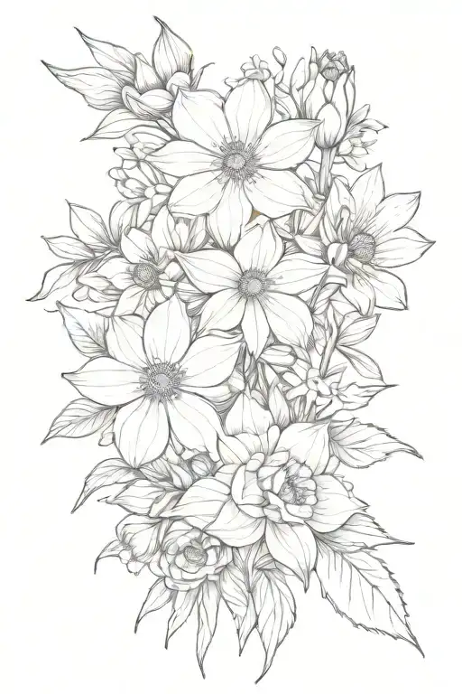 boquet of flowers including cosmos, water lily, narcissus, violet, lakspur and holly tattoo design idea