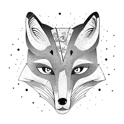 Girls with a mask of fox in the woods, semi-cartoon style, many details tattoo design idea
