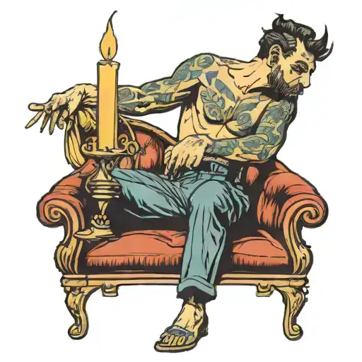 man sitting in chair with candle as head tattoo design idea