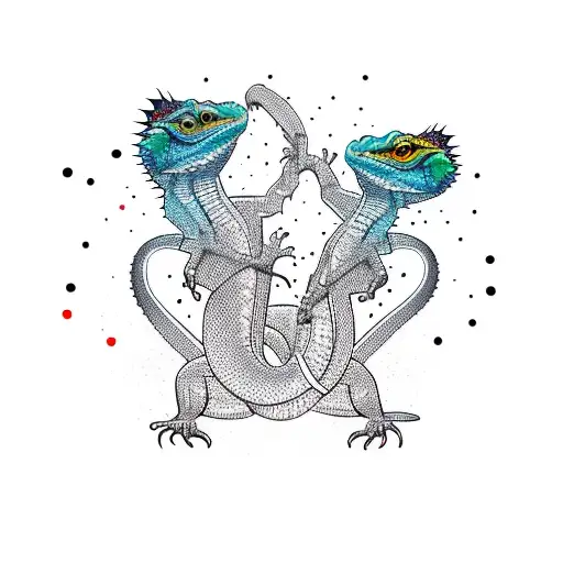 An abstract new-school design of a bearded dragon and a snake engaged in a dance battle, with vibrant colors and geometric patterns tattoo design idea