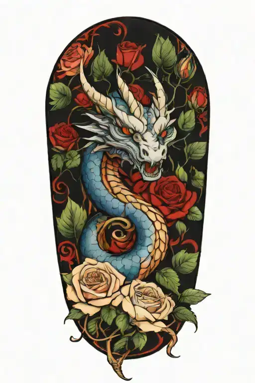 blue eyes white dragon  and roses   tattoo design idea