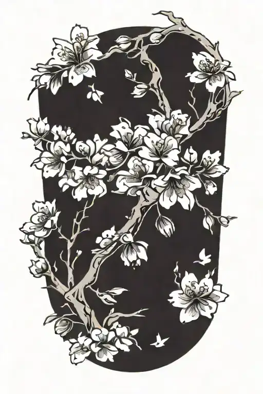 Cherry blossoms cascading down in a black-grey design with anime symbols tattoo design idea