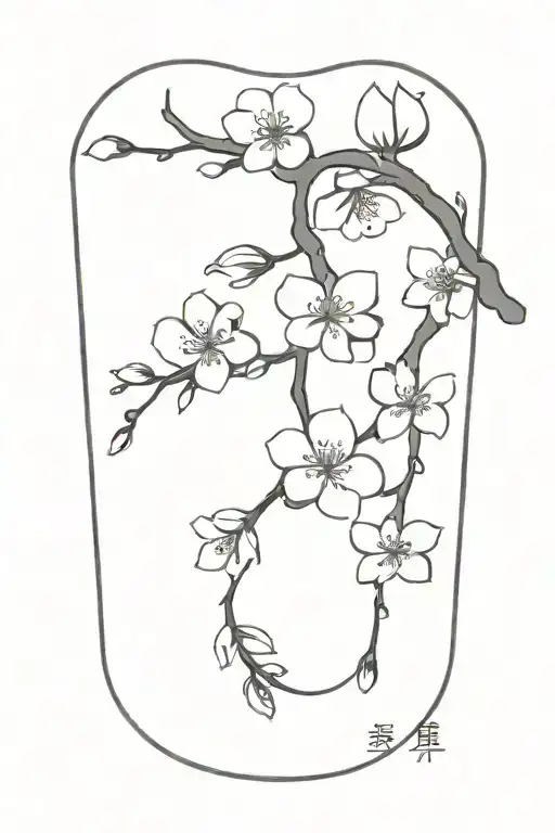 Cherry blossoms cascading down in a black-grey design with anime symbols tattoo design idea