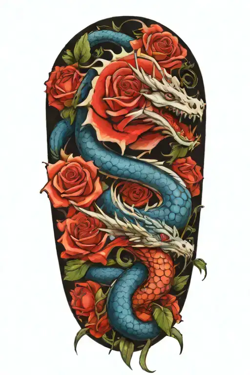 blue eyes white dragon  and roses   tattoo design idea