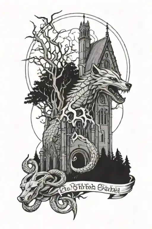 snake, wolf, cathedral, graveyard tattoo design idea