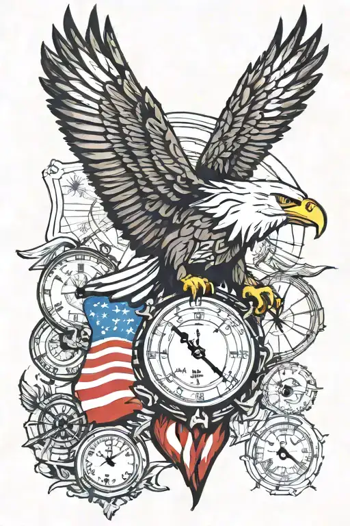  bald eagle, American flag, clocks, compass, map  tattoo design idea