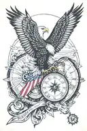  bald eagle, American flag, clocks, compass, map  tattoo design idea