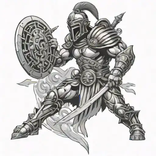 A modern interpretation of a classic video game character in a Roman gladiator arena, with cyber security motifs and water elements integrated into the design tattoo design idea