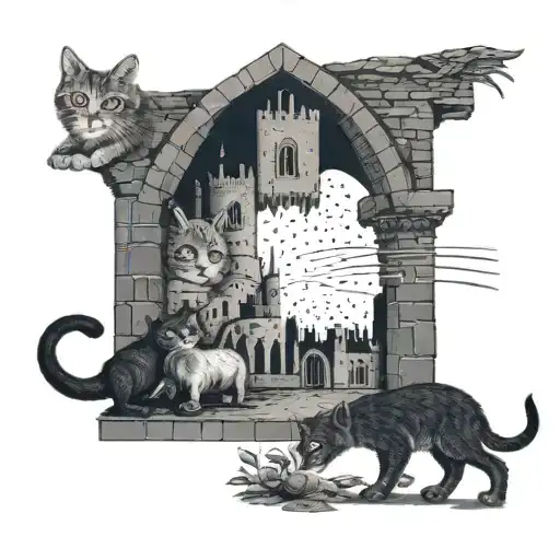 A mysterious and intricate murder mystery scene set in a medieval castle, with hidden clues and references to video games, featuring cats as detectives tattoo design idea
