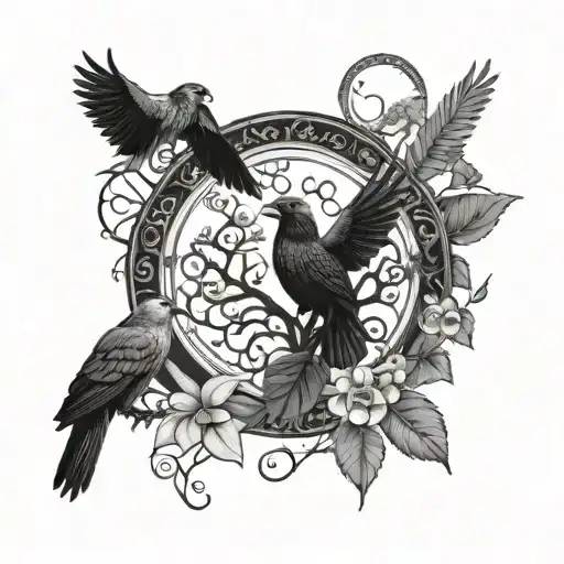 the triple goddess symbol with the tree of life as thr center moon, 2 crows, an owl, a Hawaiian honu, and a hibiscus. tattoo design idea