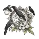 the triple goddess symbol with the tree of life as thr center moon, 2 crows, an owl, a Hawaiian honu, and a hibiscus. tattoo design idea