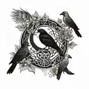 the triple goddess symbol with the tree of life as thr center moon, 2 crows, an owl, a Hawaiian honu, and a hibiscus. tattoo design idea