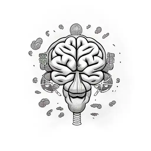 brain with skinny legs and cool shoes, driving a steering wheel, represented as a comic tattoo design idea