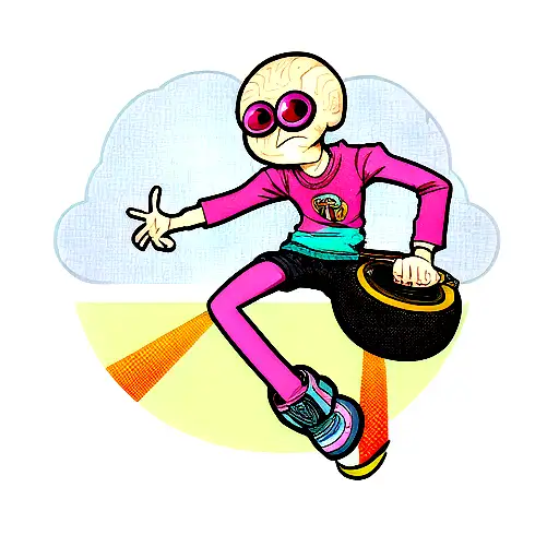 brain with legs and cool shoes, driving a steering wheel, represented as a comic tattoo design idea