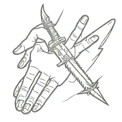 tattoo outline design of a switchblade falling and piercing a hand tattoo design idea