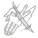 tattoo outline design of a switchblade falling and piercing a hand tattoo design idea
