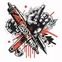 simple outline design of a switchblade falling and piercing a hand tattoo design idea