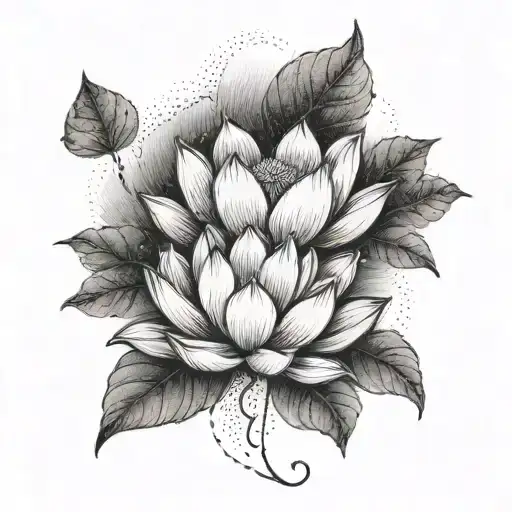 A serene lotus flower blooming in a tranquil forest setting, with wisps of smoke from a cigarette intertwining with the petals tattoo design idea
