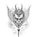 " impact not impress " qoute with a angel hugging devil tattoo design idea