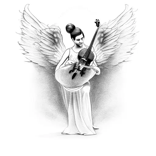 Angel mujer tocando el violín rodeada por partituras musicales incluso en las alas  tattoo design idea
