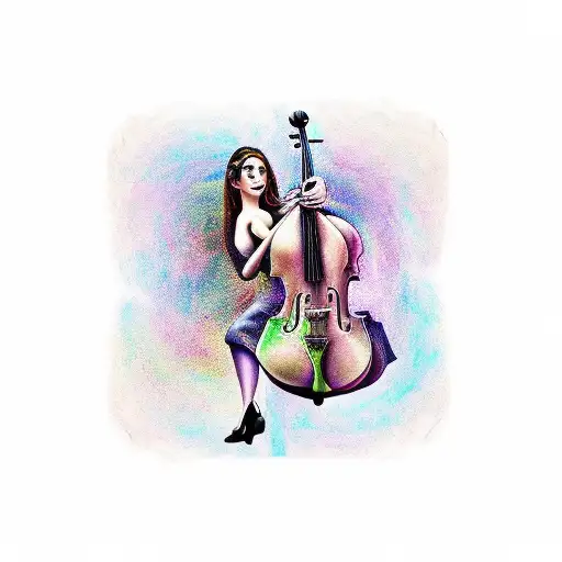 Mujer con Alas tocando el violín mientras que las alas y ropa constan de partituras y notas musicales  tattoo design idea