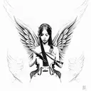 Angel mujer tocando el violín rodeada por partituras musicales incluso en las alas  tattoo design idea